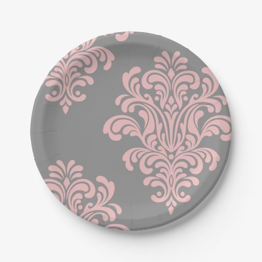 ピンクとグレーのダマスクパターン ペーパープレート (正面)
