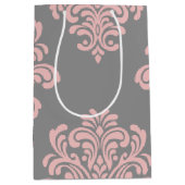ピンクとグレーのダマスクパターン ミディアムペーパーバッグ (正面)