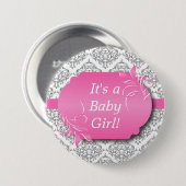 ピンクとグレーのダマスクパターン 缶バッジ (正面&裏面)