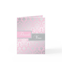 ピンクとグレーのダマスク感謝カード