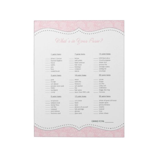 ピンクとグレーのダマスク柄財布ゲーム, シャワーのための楽しいゲーム ノートパッド (回転)