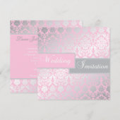 ピンクとグレーのダマスク結婚式招待状 招待状 (正面/裏面)