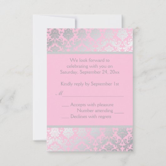 ピンクとグレーのダマスク返信カード 出欠カード (裏面)