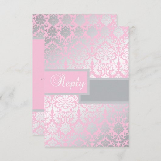 ピンクとグレーのダマスク返信カード 出欠カード (正面/裏面)