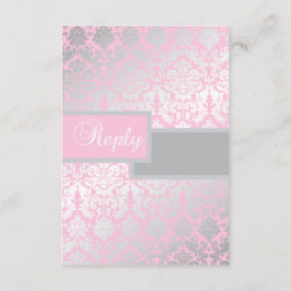 ピンクとグレーのダマスク返信カード 出欠カード