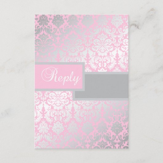 ピンクとグレーのダマスク返信カード 出欠カード (正面)