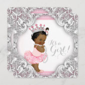 ピンクとグレーのツツ族の女の子の赤ちゃんシャワー 招待状 (正面/裏面)