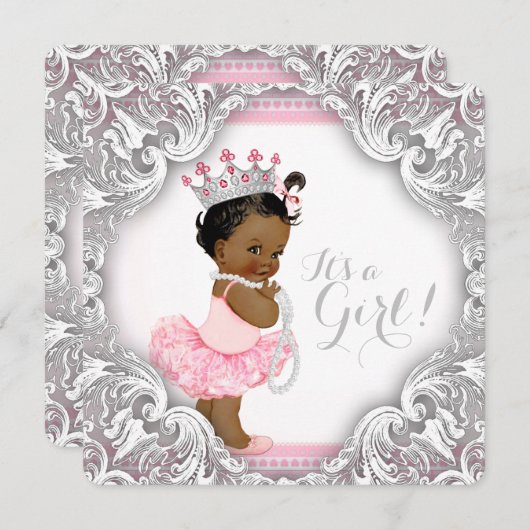 ピンクとグレーのツツ族の女の子の赤ちゃんシャワー 招待状 (正面/裏面)