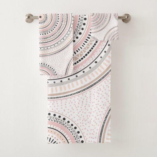 ピンクとグレーのドットとストロークドゥードルマンダラ バスタオルセット (インサイチュ)