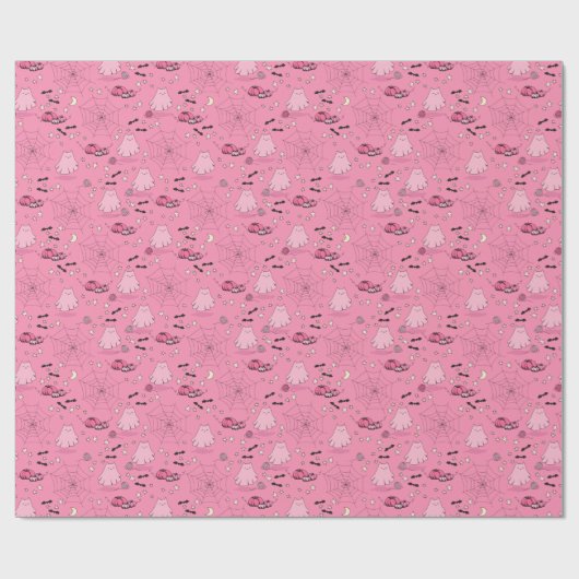 ピンクとグレーのハロウィーンかわいい猫幽霊 ラッピングペーパー (フラット)