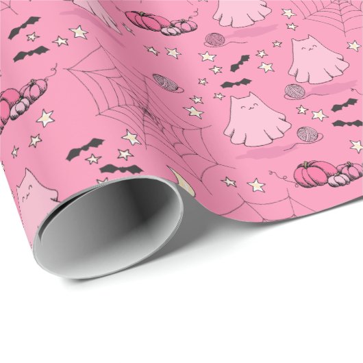 ピンクとグレーのハロウィーンかわいい猫幽霊 ラッピングペーパー (ロールコーナー)