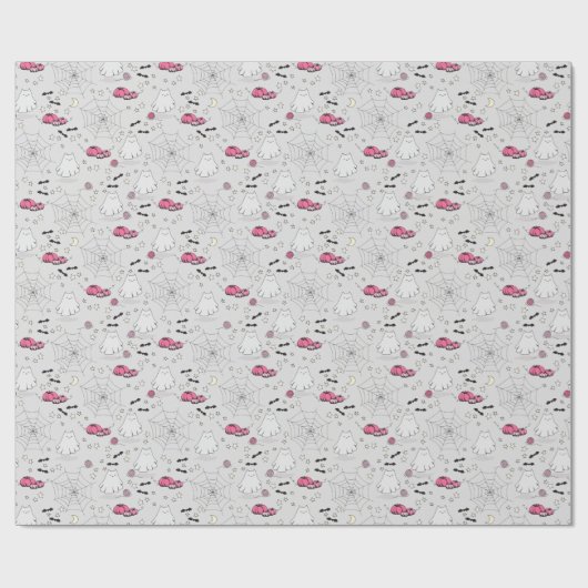 ピンクとグレーのハロウィーンかわいい猫幽霊 ラッピングペーパー (フラット)