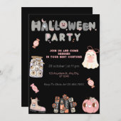 ピンクとグレーのハローウィンパーティかわいい幽霊&不気味 招待状 (正面/裏面)