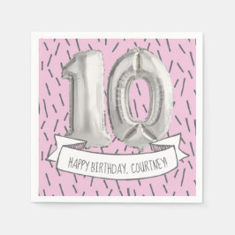 ピンクとグレーのバルーンガールズ10th誕生日パーティー スタンダードカクテルナプキン