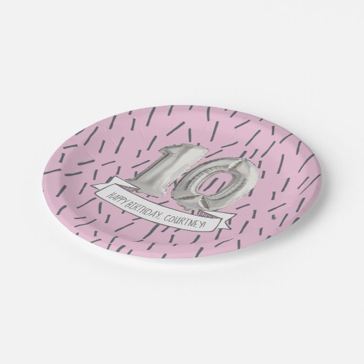 ピンクとグレーのバルーンガールズ10th誕生日パーティー ペーパープレート (アングル)