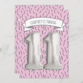 ピンクとグレーのバルーンガールズ11th誕生日パーティー 招待状 (正面/裏面)