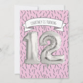 ピンクとグレーのバルーンガールズ12thバースデーパーティー 招待状 (正面)