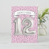 ピンクとグレーのバルーンガールズ12thバースデーパーティー 招待状 (スタンド正面)