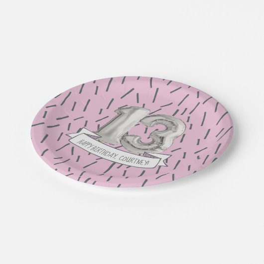 ピンクとグレーのバルーンガールズ13thバースデーパーティー ペーパープレート (アングル)