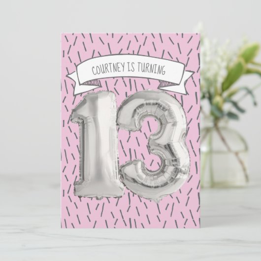 ピンクとグレーのバルーンガールズ13thバースデーパーティー 招待状 (スタンド正面)
