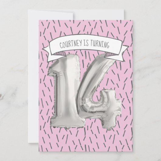 ピンクとグレーのバルーンガールズ14th誕生日パーティー 招待状 (正面)