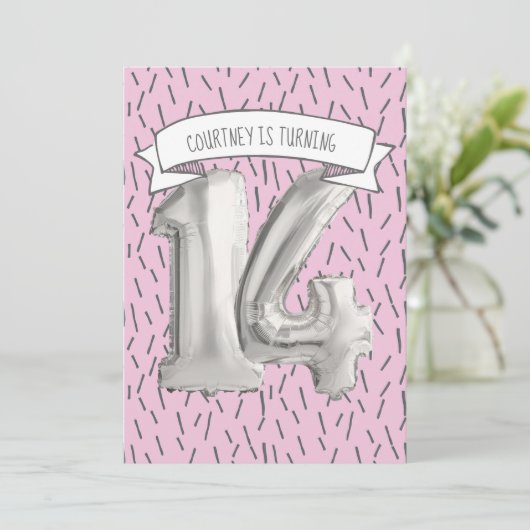 ピンクとグレーのバルーンガールズ14th誕生日パーティー 招待状 (スタンド正面)