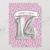 ピンクとグレーのバルーンガールズ14th誕生日パーティー 招待状 (正面/裏面)