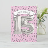 ピンクとグレーのバルーンガールズ15th誕生日パーティー 招待状 (スタンド正面)