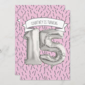 ピンクとグレーのバルーンガールズ15th誕生日パーティー 招待状 (正面/裏面)