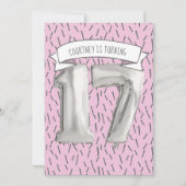 ピンクとグレーのバルーンガールズ17th誕生日パーティー 招待状 (正面)
