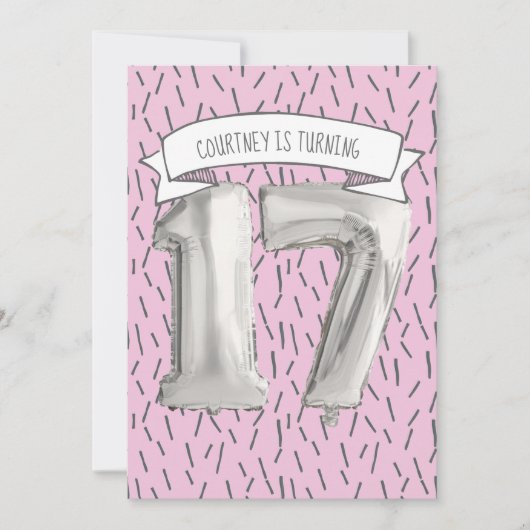 ピンクとグレーのバルーンガールズ17th誕生日パーティー 招待状 (正面)