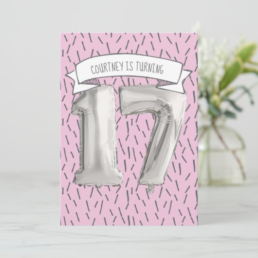 ピンクとグレーのバルーンガールズ17th誕生日パーティー 招待状 (スタンド正面)