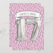 ピンクとグレーのバルーンガールズ17th誕生日パーティー 招待状 (正面/裏面)
