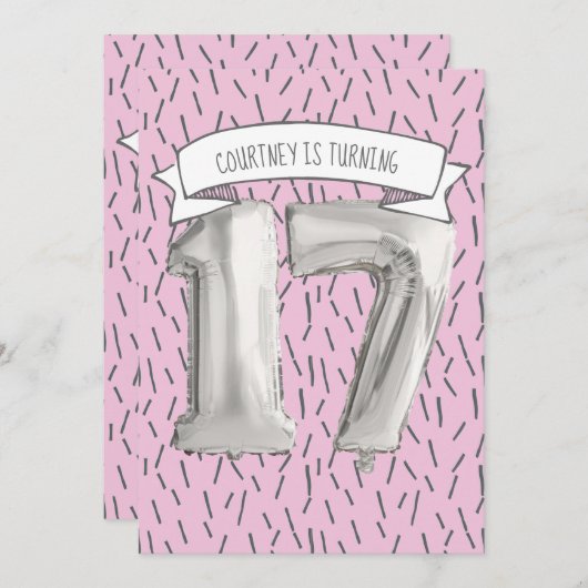 ピンクとグレーのバルーンガールズ17th誕生日パーティー 招待状 (正面/裏面)