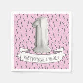 ピンクとグレーのバルーンガールズ1st誕生日パーティー スタンダードカクテルナプキン (正面)