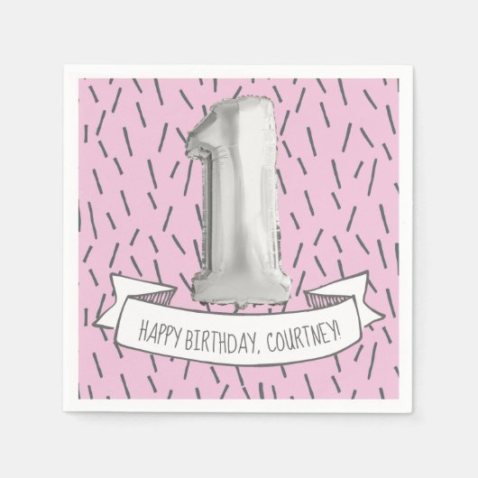 ピンクとグレーのバルーンガールズ1st誕生日パーティー スタンダードカクテルナプキン (正面)