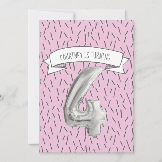 ピンクとグレーのバルーンガールズ4th誕生日パーティー 招待状 (正面)