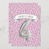 ピンクとグレーのバルーンガールズ4th誕生日パーティー 招待状 (正面/裏面)