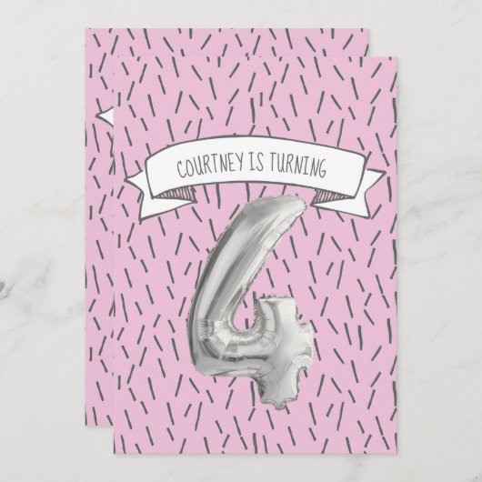 ピンクとグレーのバルーンガールズ4th誕生日パーティー 招待状 (正面/裏面)