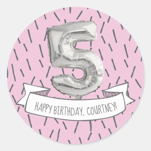 ピンクとグレーのバルーンガールズ5thバースデーパーティー ラウンドシール (正面)