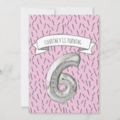 ピンクとグレーのバルーンガールズ6th誕生日パーティー 招待状 (正面)