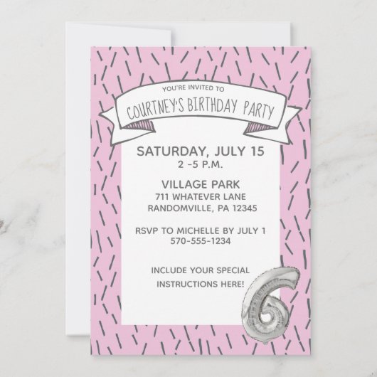 ピンクとグレーのバルーンガールズ6th誕生日パーティー 招待状 (裏面)