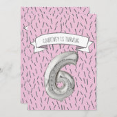 ピンクとグレーのバルーンガールズ6th誕生日パーティー 招待状 (正面/裏面)