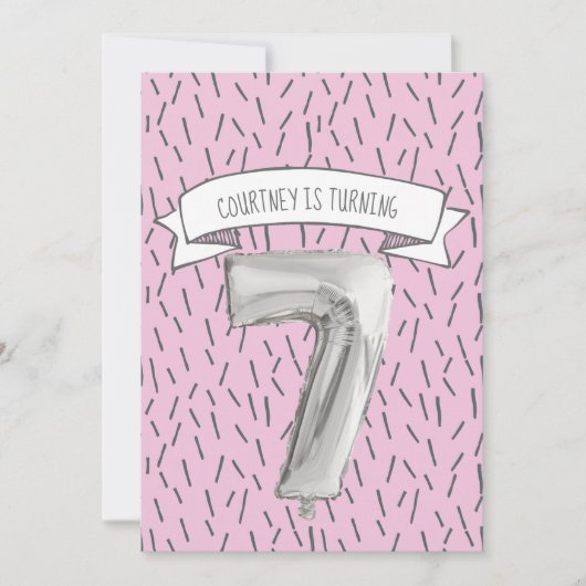 ピンクとグレーのバルーンガールズ7thバースデーパーティー 招待状 (正面)