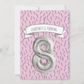 ピンクとグレーのバルーンガールズ8thバースデーパーティー 招待状 (正面)