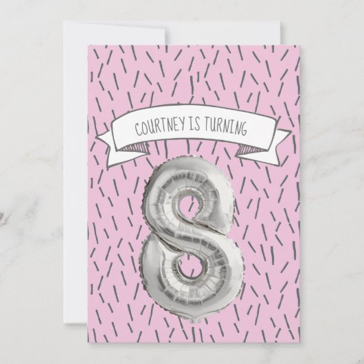 ピンクとグレーのバルーンガールズ8thバースデーパーティー 招待状 (正面)