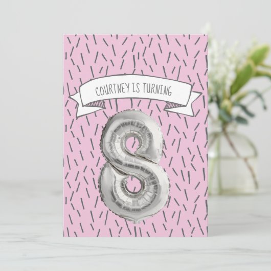 ピンクとグレーのバルーンガールズ8thバースデーパーティー 招待状 (スタンド正面)