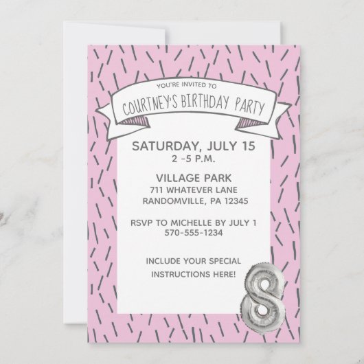 ピンクとグレーのバルーンガールズ8thバースデーパーティー 招待状 (裏面)