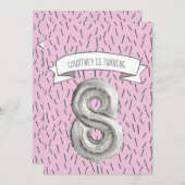 ピンクとグレーのバルーンガールズ8thバースデーパーティー 招待状 (正面/裏面)