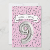 ピンクとグレーのバルーンガールズ9thバースデーパーティー 招待状 (正面)